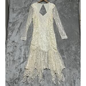 Vintage 80s Ivory Victorian Romantic Lace Wedding Dress Womens 11-12 whimsical